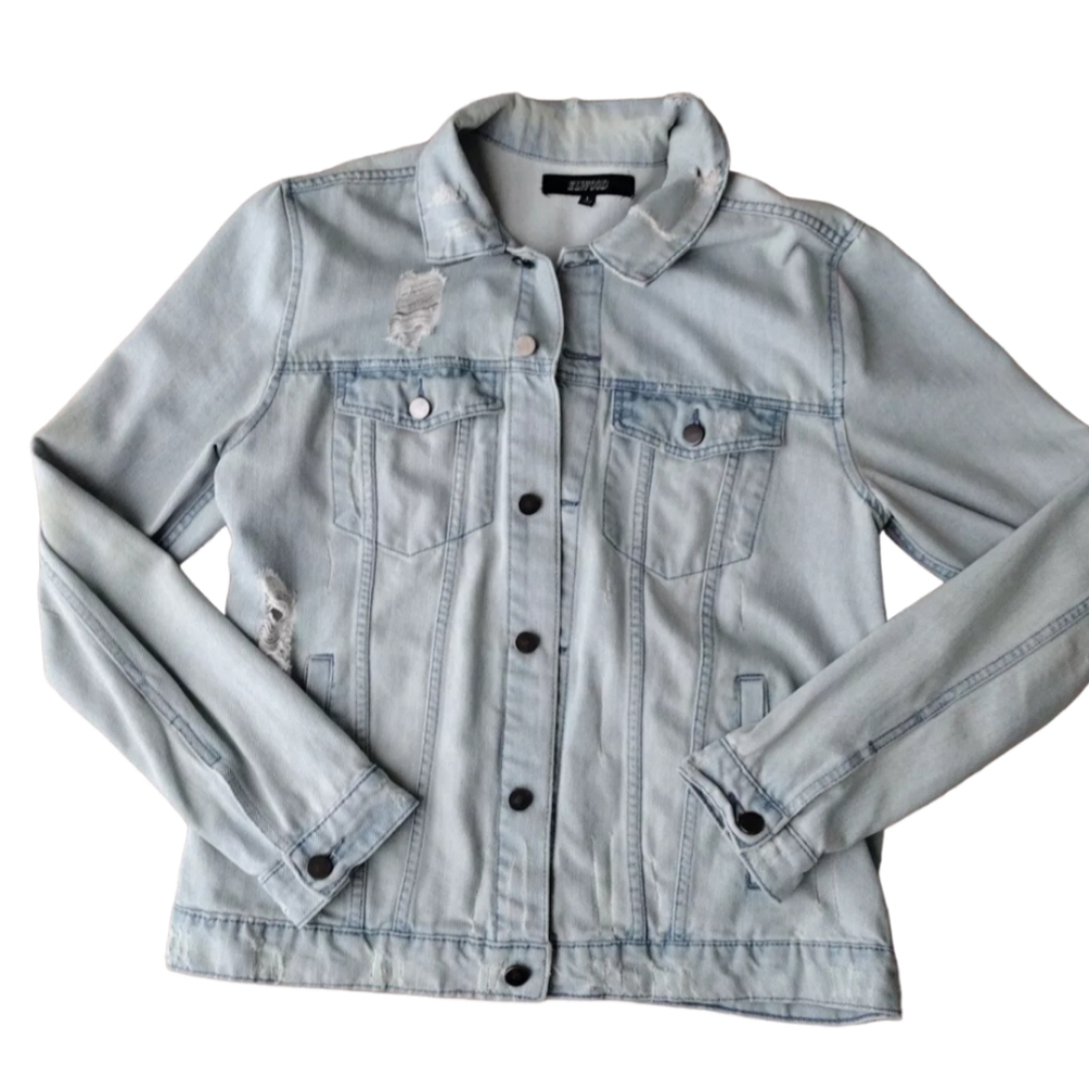 Elwood Light Denim Jean‎ Jacket Mens Size Junior Large Distressed Buttoned